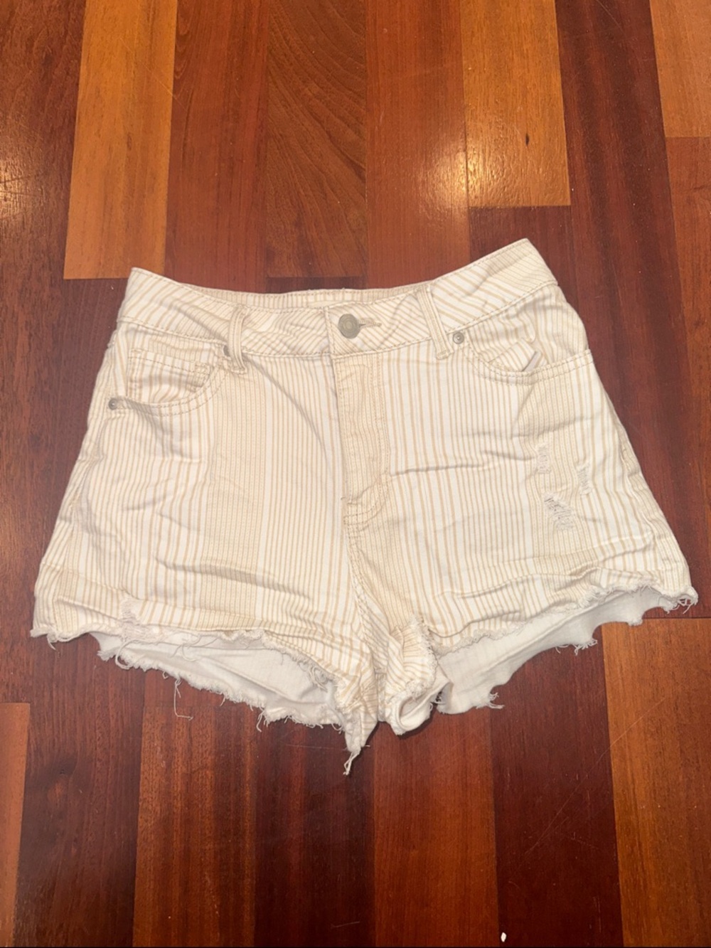 Sky and Sparrow Cream and Tan Striped High-Rise Frayed Hem Jean Shorts
